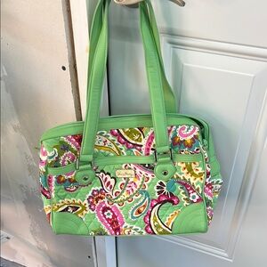 Vera Bradley Green and Pink Shoulder Bag with Floral Paisley Design